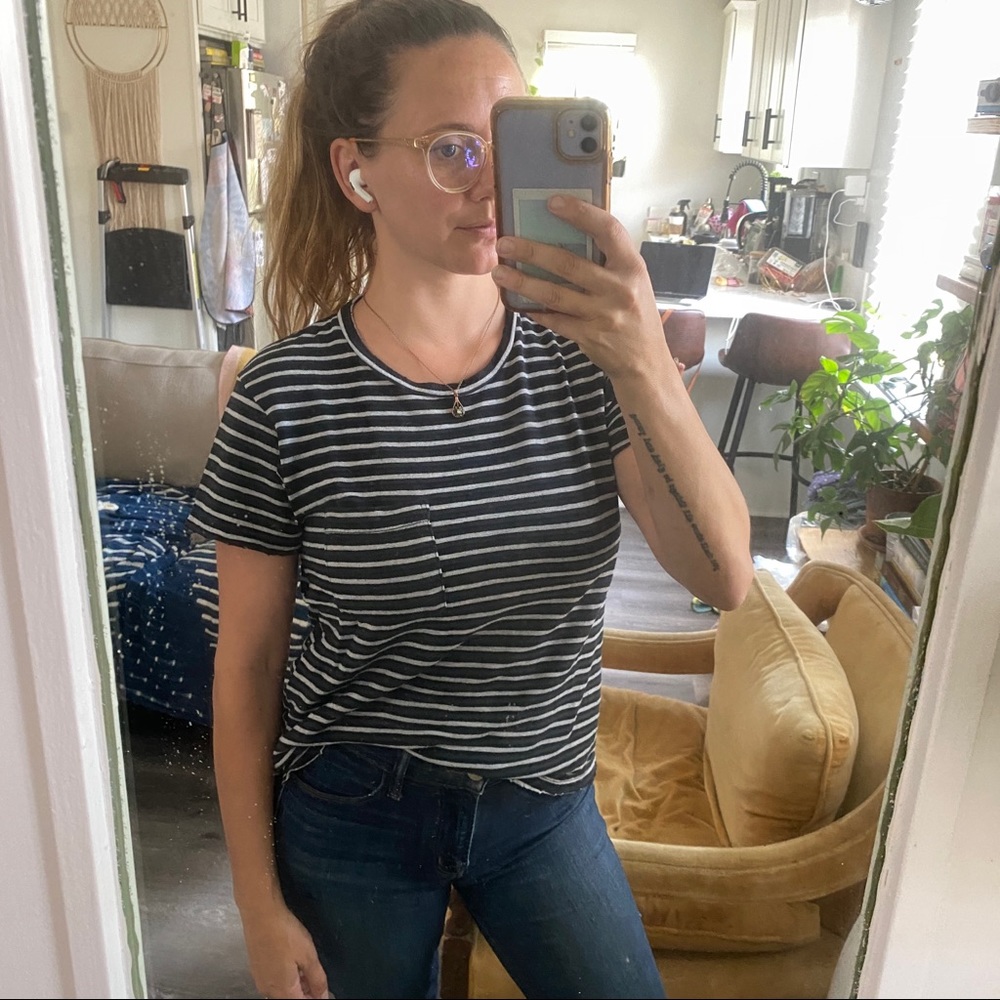 LNA Striped Cotton Pocket Distressed Edge Boyfriend Tee size Small